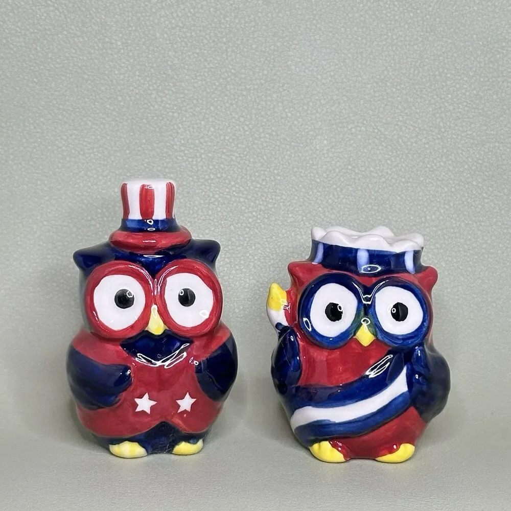 Patriotic Owl Salt & Pepper Shakers Ceramic Uncle Sam Stars Stripes 4th of July